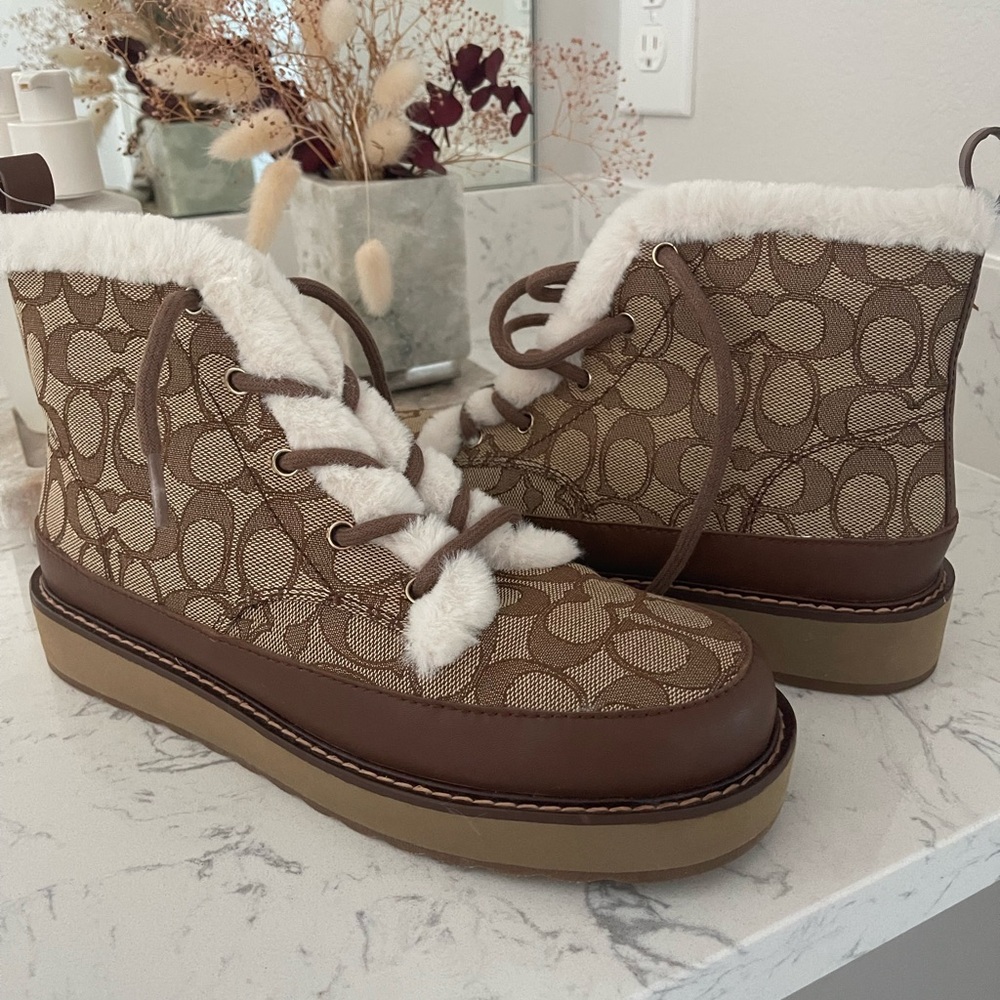 Coach Brown and Tan Patterned Ankle Boots